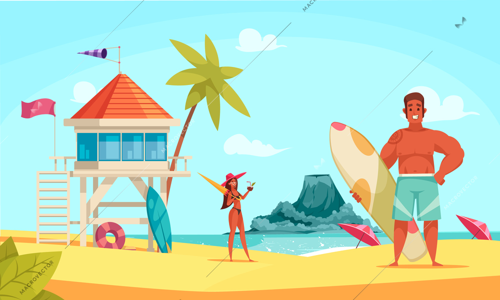 Hawaii beach composition with bungalow and couple of tourists on the beach vector illustration