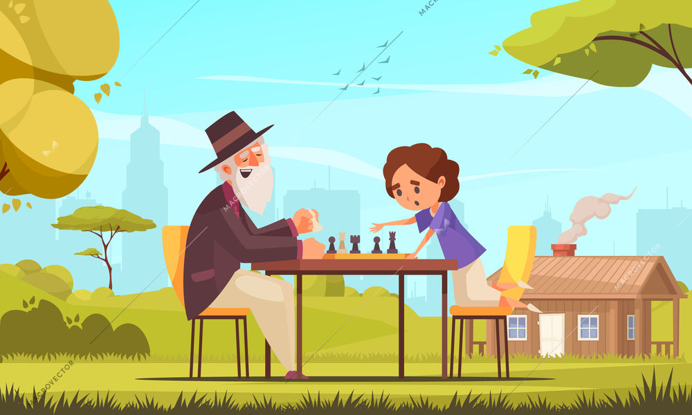 Board games chess composition with little boy and old man playing the game vector illustration