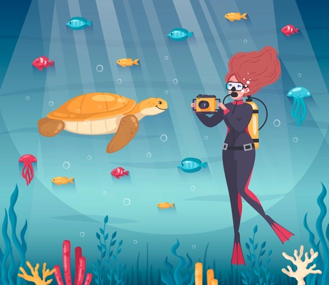 Diving snorkeling composition with cartoon fishes and female character taking photo of turtle under the water vector illustration