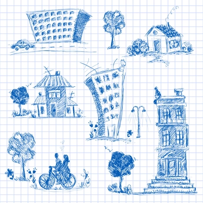 City doodle set of urban buildings on squared paper background isolated vector illustration.