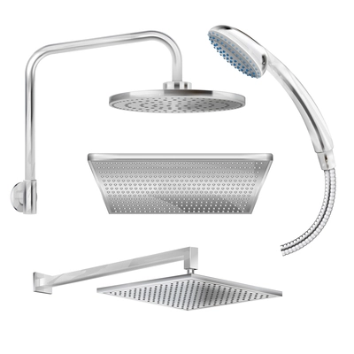 Sanitary set of isolated dirty steel shower heads of various forms on white background realistic vector illustration