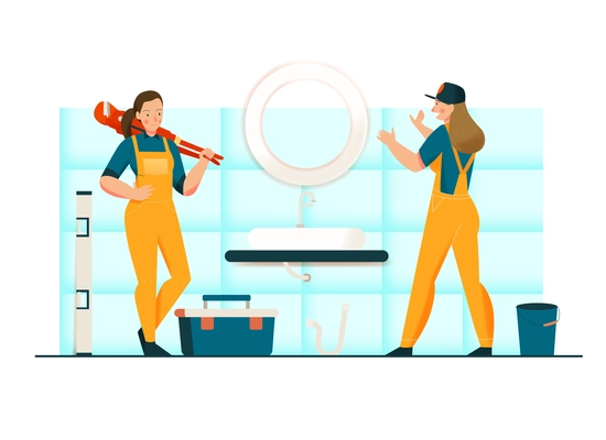 Unusual female profession concept with plumber symbols flat vector illustration