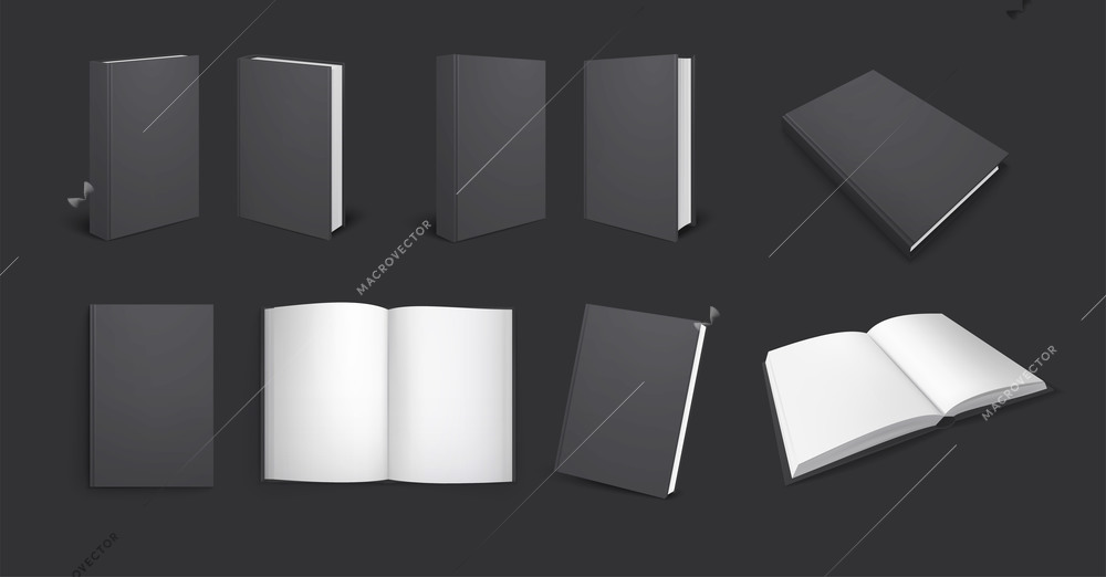 Black books mockup realistic set with views of dark copybook from different angles with empty pages vector illustration