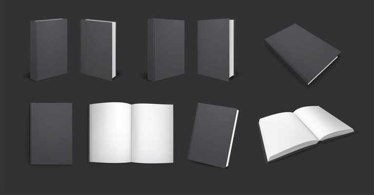 Black books mockup realistic set with views of dark copybook from different angles with empty pages vector illustration