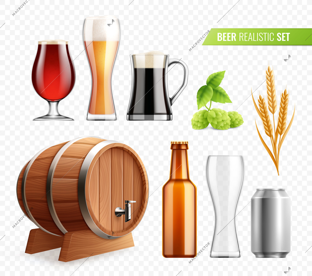 Beer realistic set on transparent background with isolated glass images hop plant and bottles with barrel vector illustration