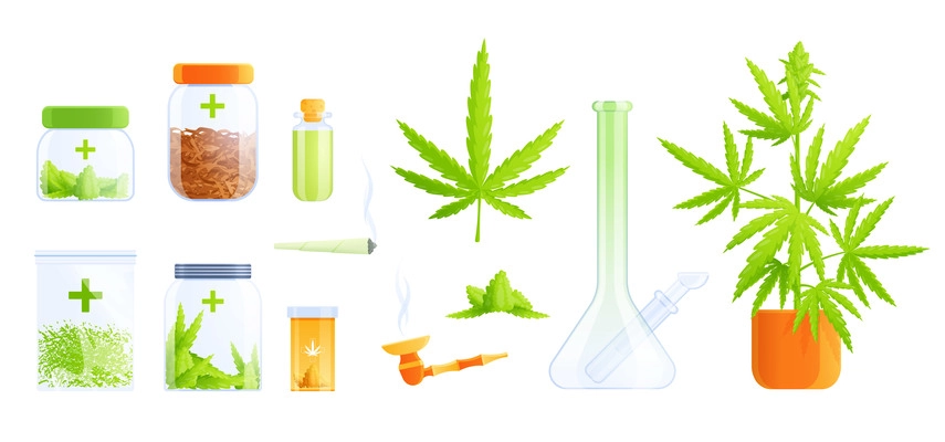 Medical marijuana cannabis drugs flat set with isolated images of zip locks jars and plant leaves vector illustration