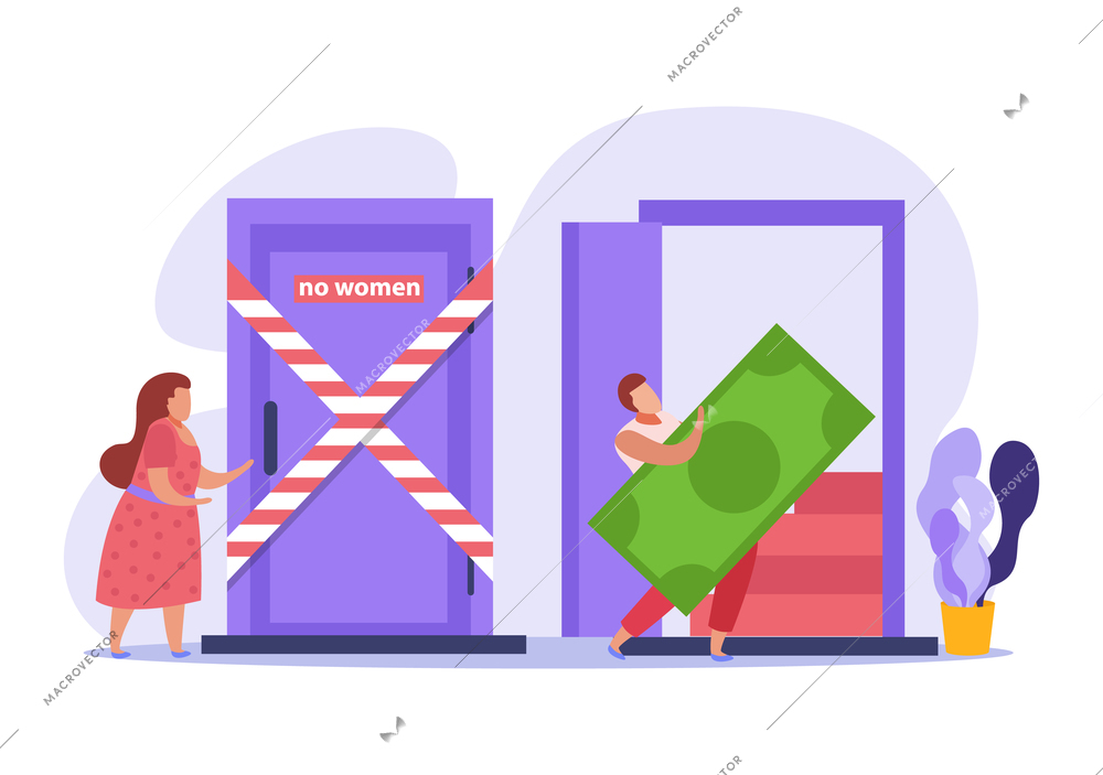 Gender employment policy discrimination flat background composition with no woman sign door man carrying banknote vector illustration