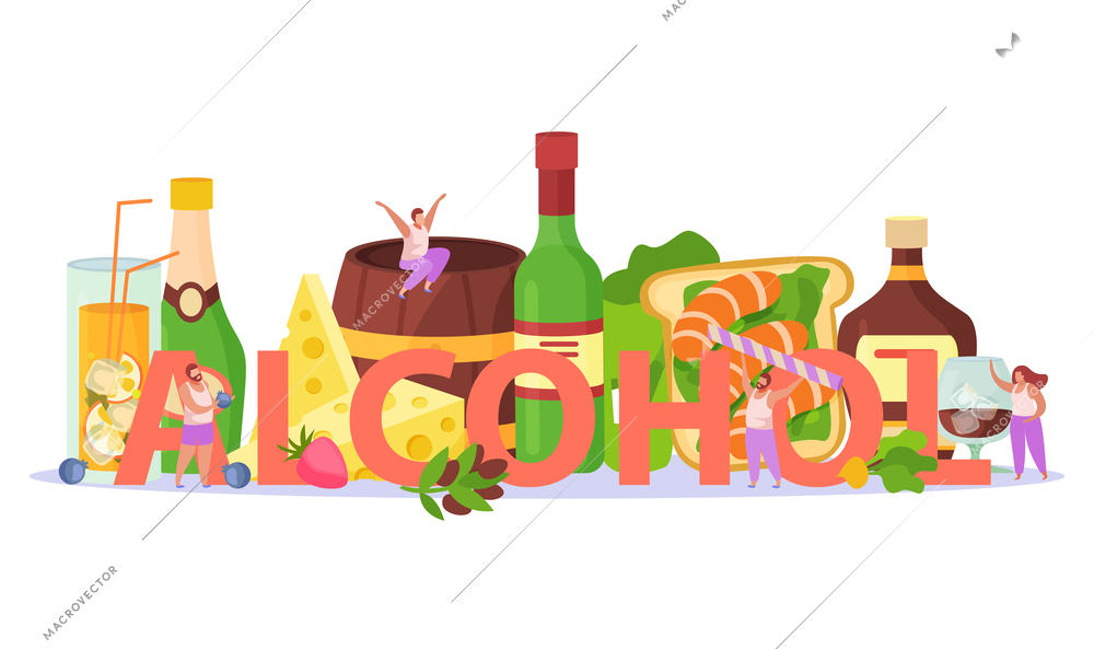 Alcoholic cocktails drinks party aperitif snacks appetizers title header flat composition with cheese shrimps rum vector illustration