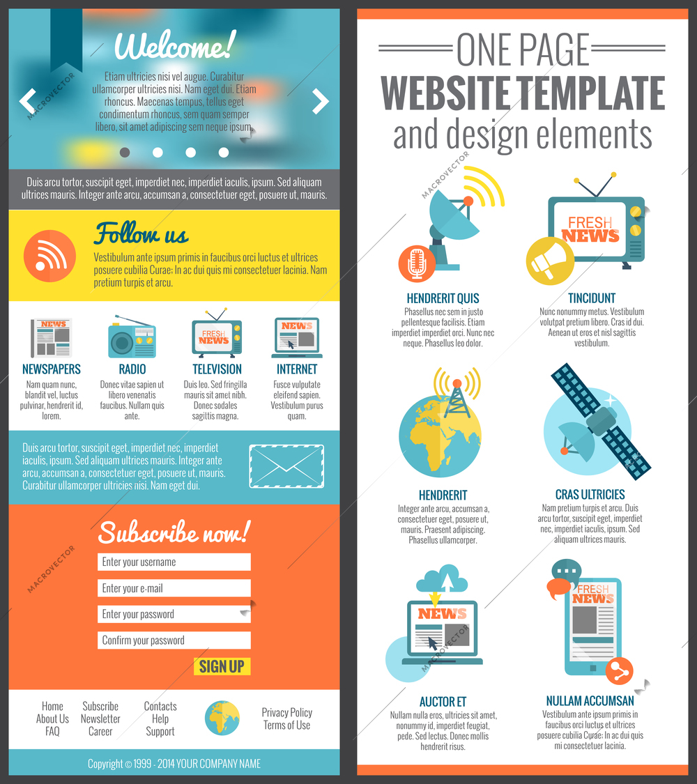 One page web site template for mass media communication industry vector illustration