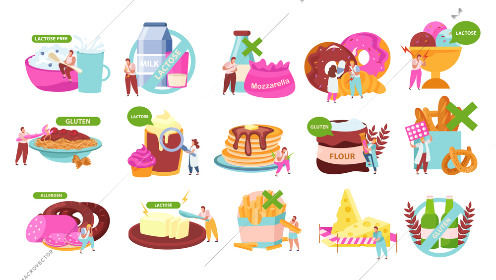 Lactose gluten intolerance diet flat recolor set with allowed forbidden food spaghetti sausage cheese pancakes vector illustration