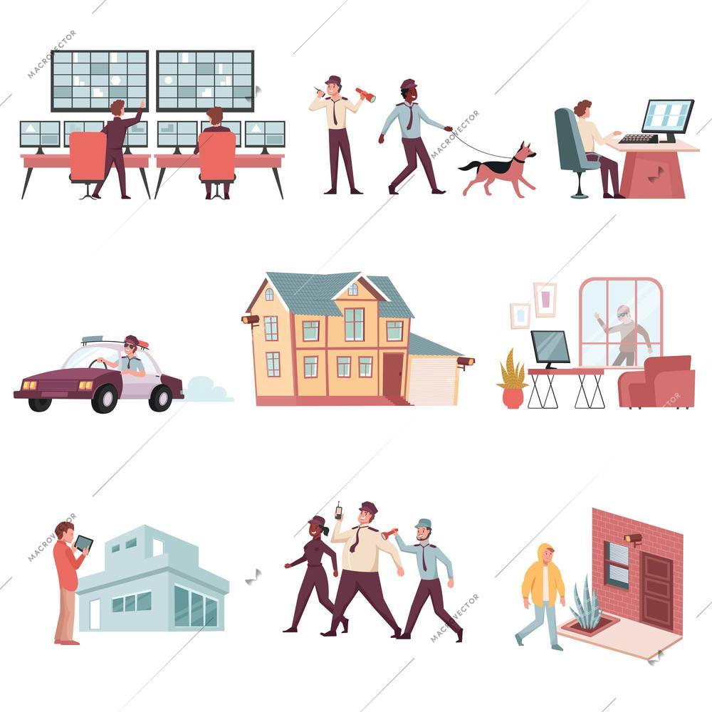 House security system flat icons set with robbers policemen installed cameras monitors isolated on white background vector illustration