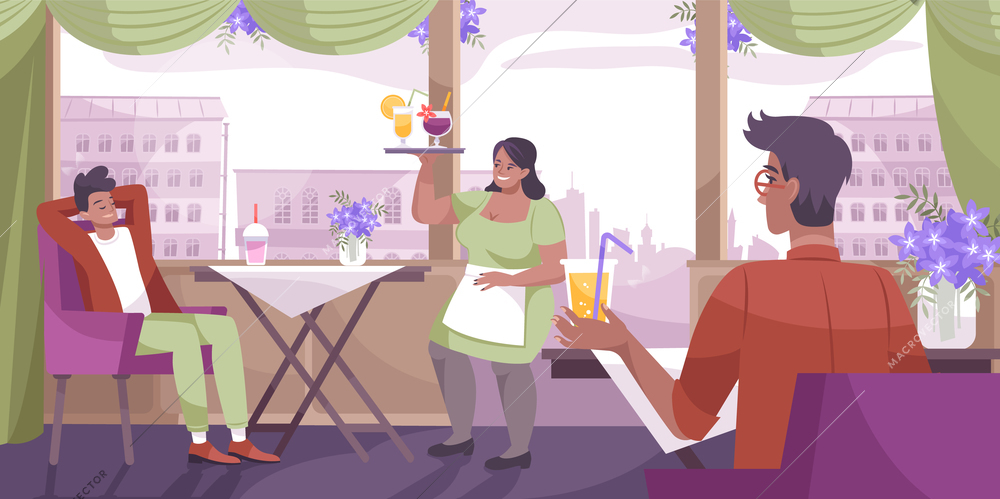 Cool drink cafe flat composition with cafe interior design and waiter brings a drink to visitor vector illustration