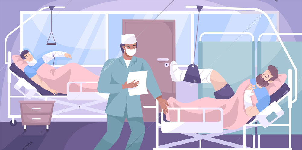 Traumatology hospital composition two patients are in the ward with limb injuries vector illustration