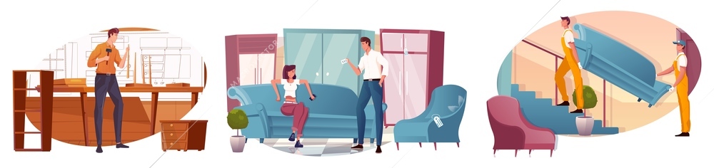 Composition set with carpenter furniture shop and two men delivering sofa flat isolated vector illustration