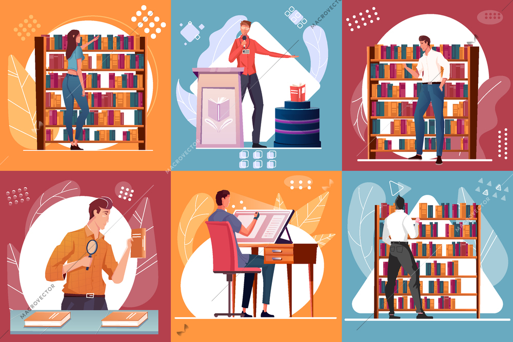 Set of compositions with people buying presenting drawing new books flat isolated vector illustration