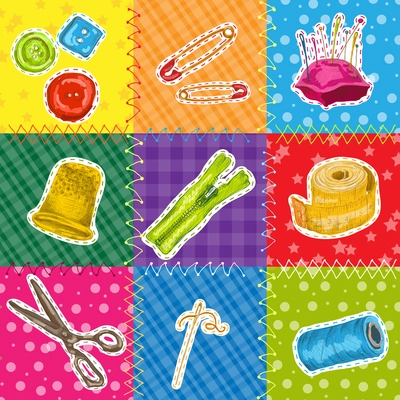 Sewing sketch patchworks set with hobby needlework tools isolated vector illustration