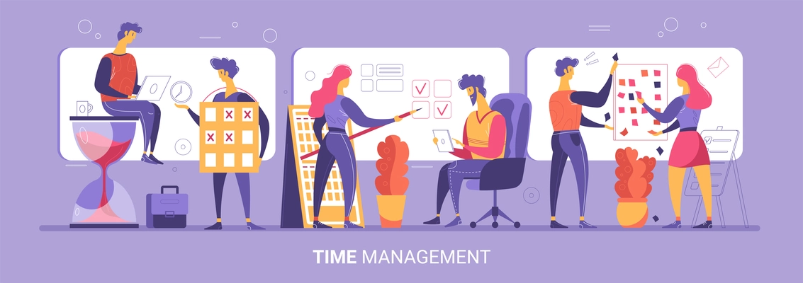 Time management 3 flat compositions with employees sitting on hourglass planning scheduling tracking projects horizontal vector illustration