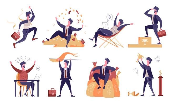 Flat icons set with happy successful winner businessmen isolated vector illustration