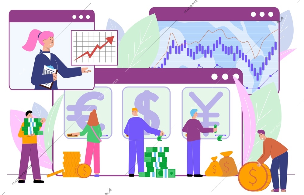 Currency exchange bank flat composition with human characters cash and computer windows with conversion rate diagrams vector illustration