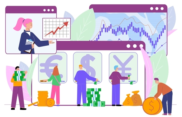 Currency exchange bank flat composition with human characters cash and computer windows with conversion rate diagrams vector illustration