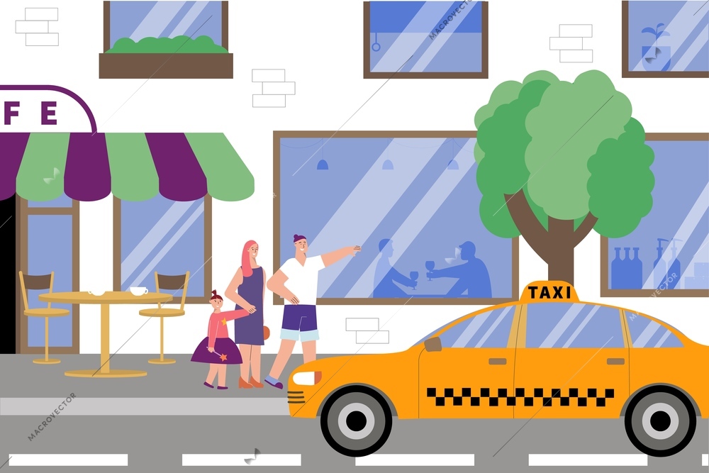 Catch taxi street flat composition with family of three catching taxi on the street vector illustration