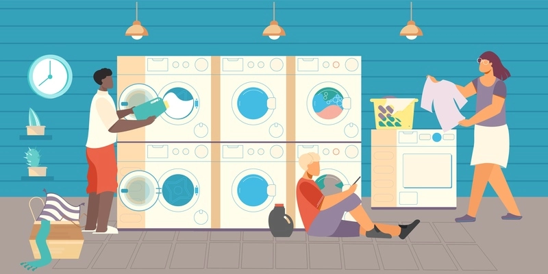 Public laundry flat composition with view of self service laundry with washing machines bowls and people vector illustration