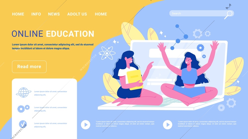 Online education web landing page background  with 2 girls students sitting on laptop flat website vector illustration