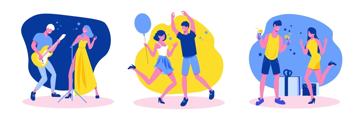 Party celebration 3 flat trendy compositions with presents balloons dancing singing playing guitar young couples vector illustration