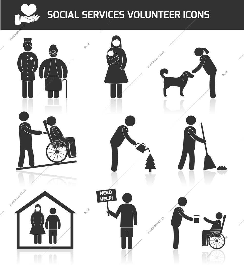 Social responsibility services and volunteer icons set black isolated vector illustration