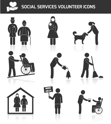 Social responsibility services and volunteer icons set black isolated vector illustration