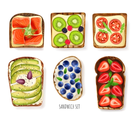 Toast bread toppings set with berries realistic isolated vector illustration