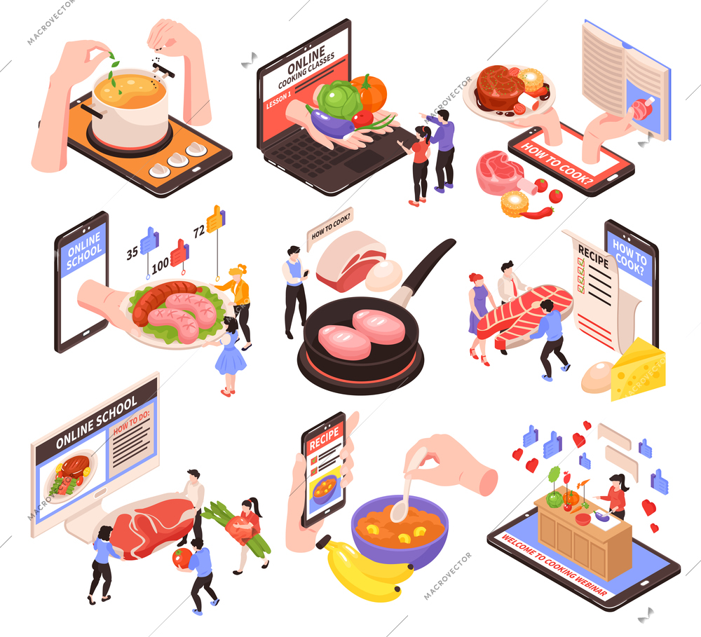 Learning cooking online isometric set with menu recipes lessons blogs tutorials on tablet mobile screen vector illustration