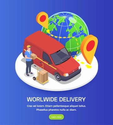 Delivery company service square background with composition of isometric images editable text and learn more button vector illustration