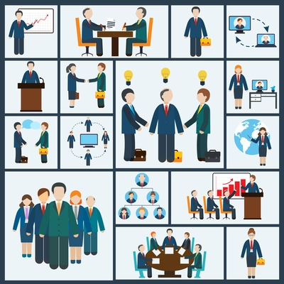 Business meeting icons set of partnership planning conference elements isolated vector illustration