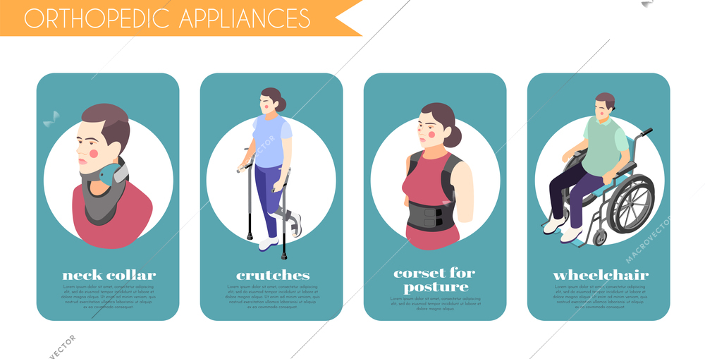 Set of four vertical 4x1 banners with orthopedic appliances neck collar crutches corset wheelchair 3d isometric isolated vector illustration