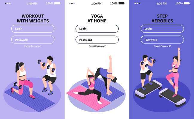 Isometric home fitness set of three vertical banners for mobile website with authentication fields and images vector illustration