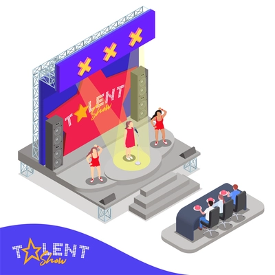 Isometric composition with three women performing at talent show in front of jury 3d vector illustration