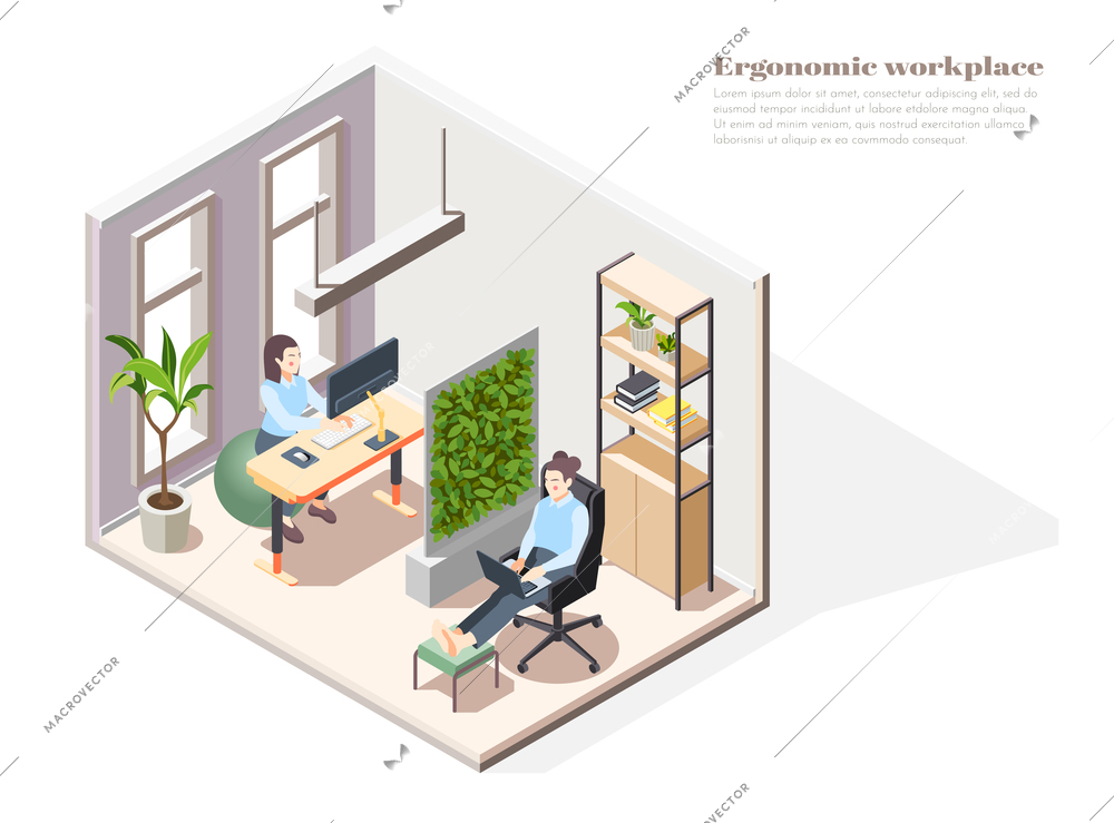 Ergonomic workplace isometric background with editable text and working place interior composition with people and furniture vector illustration