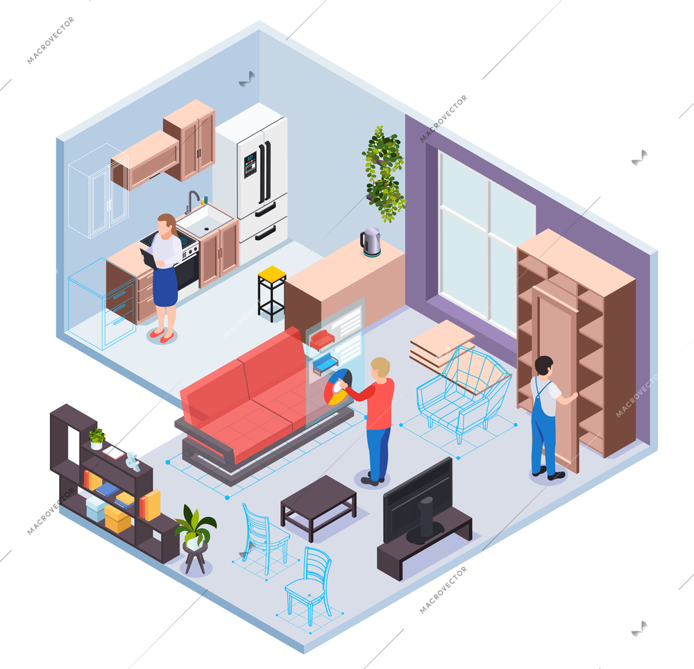 Furniture showroom with virtual reality service kitchen and living room sections designer visitor and worker characters isometric vector illustration