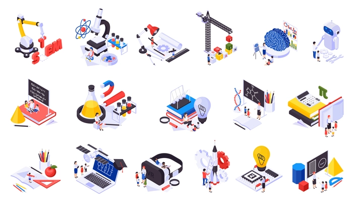 STEM education isometric icons set of science symbols books virtual reality glasses isolated vector illustration