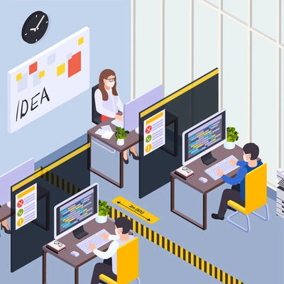 Social distancing on school exam isometric vector illustration with pupils and teacher in masks separated by plastic screens