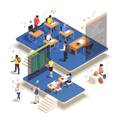 Homeschooling isometric concept with electronic monitors and two classrooms with students and teachers 3d vector illustration