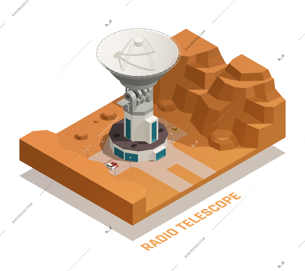 Astronomy isometric concept with 3d professional radio telescope of big size on roof of building vector illustration