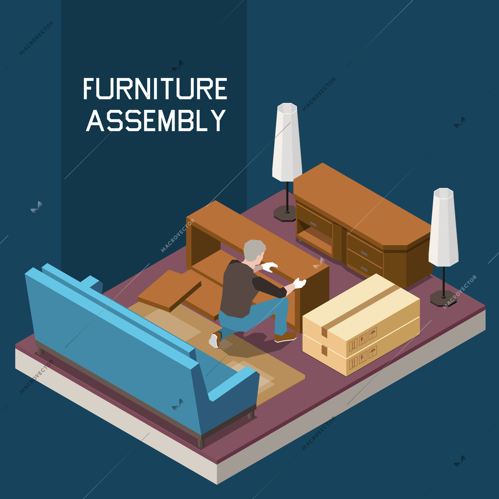 Furniture assembly carpenter service isometric composition with man making chest of drawers in living room vector illustration