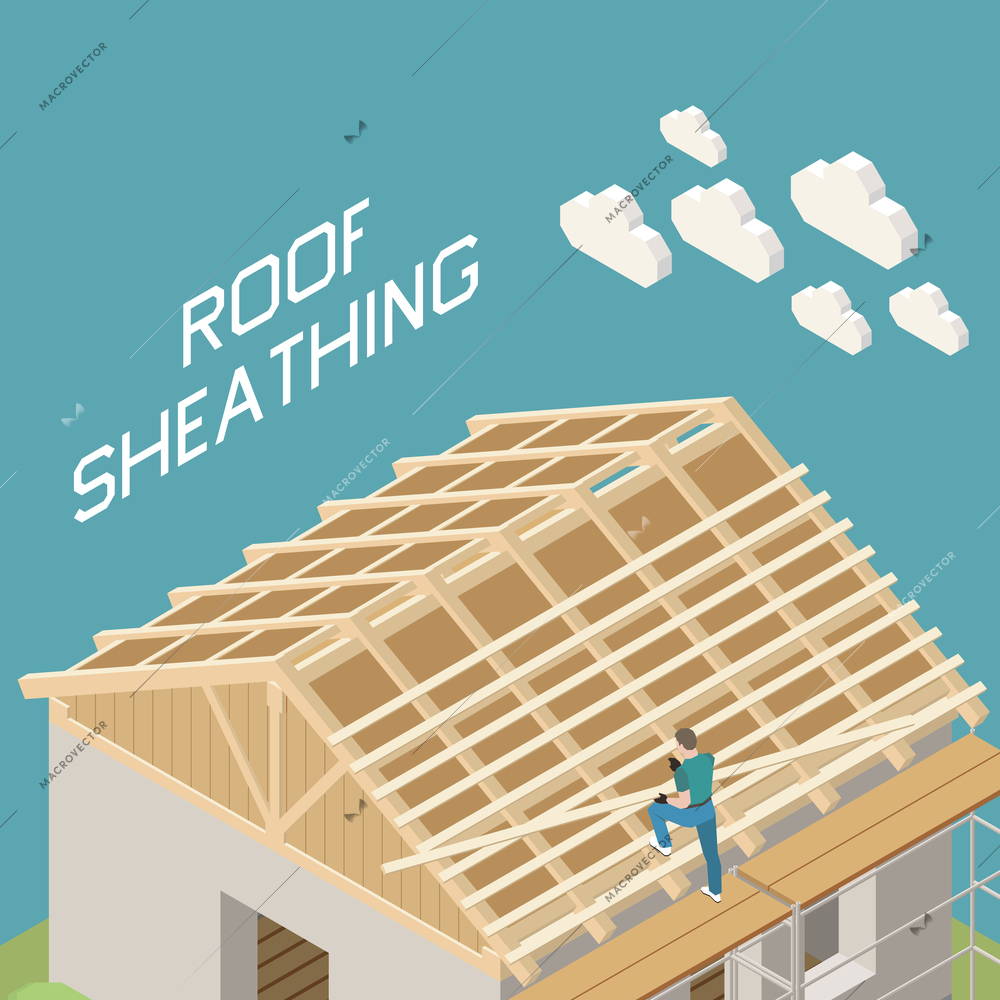 Family house building roofer isometric composition with a-shape wooden frame roof sheathing construction work vector illustration