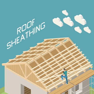 Family house building roofer isometric composition with a-shape wooden frame roof sheathing construction work vector illustration