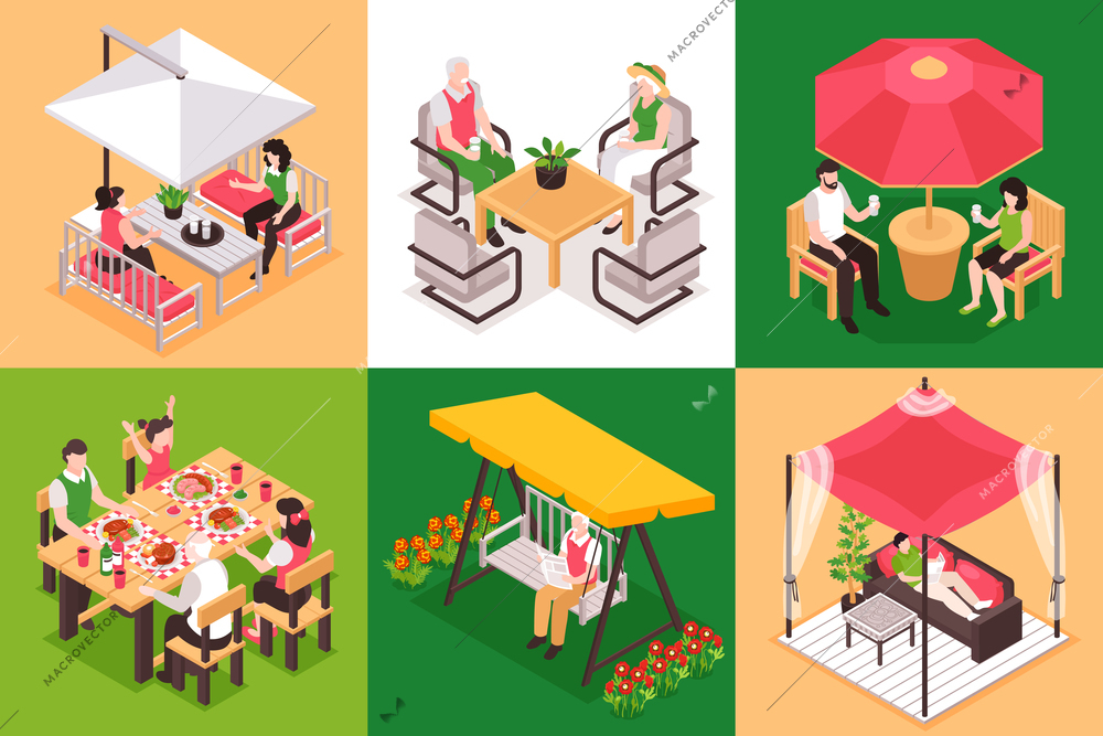 Isometric garden furniture design concept with square compositions of human characters at bench tables with tents vector illustration