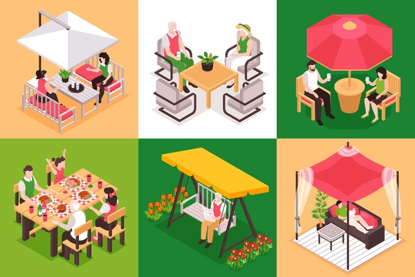 Isometric garden furniture design concept with square compositions of human characters at bench tables with tents vector illustration