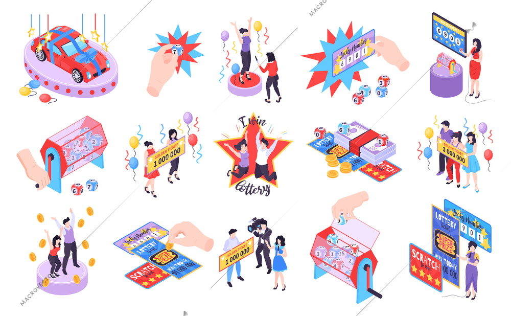 Isometric fortune lottery set of isolated icons with raffle tickets chips and characters of happy winners vector illustration