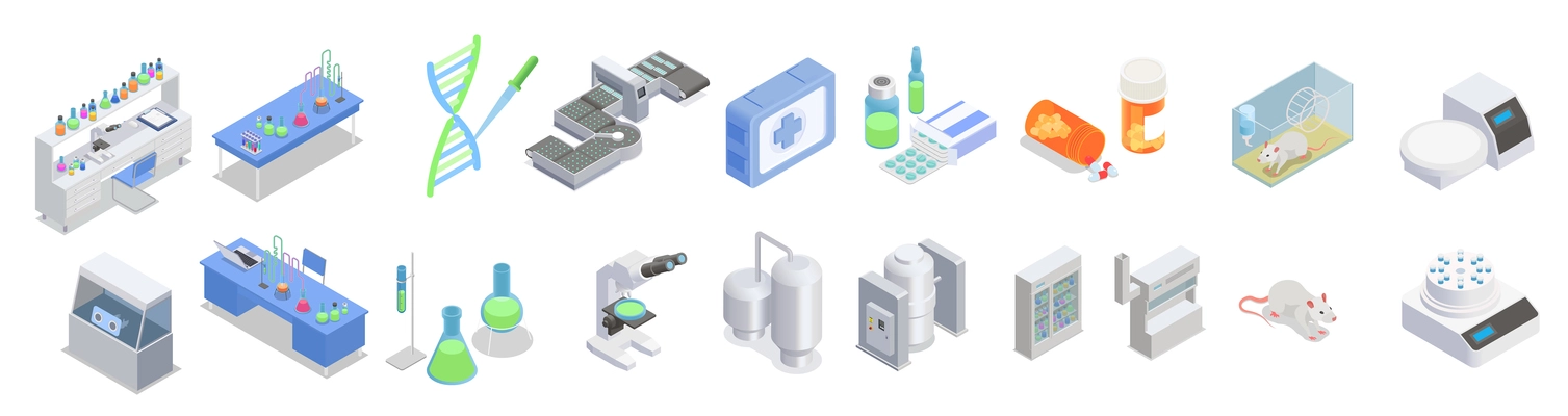 Pharmaceutical production set with isometric icons of medical products appliances and isolated images of laboratory equipment vector illustration